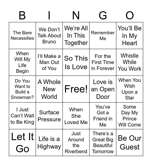 Disney Music Bingo Card
