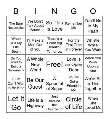 Disney Music Bingo Card