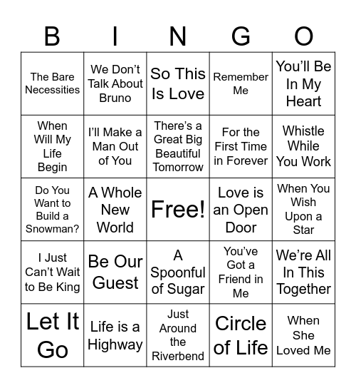 Disney Music Bingo Card