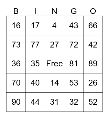 Family Weekend Bingo Card