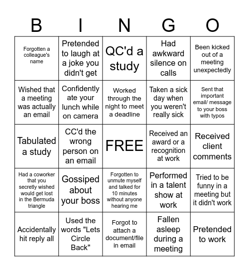 Never have I Ever, Workplace Edition Bingo Card