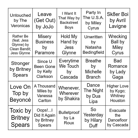 Girly Pop (You Know You Want to Sing Along) Bingo Card