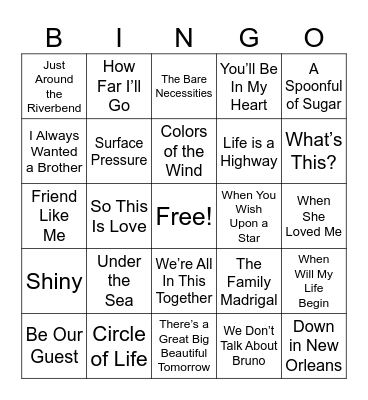 Disney Music Bingo Card