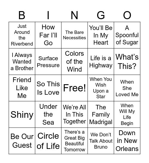 Disney Music Bingo Card