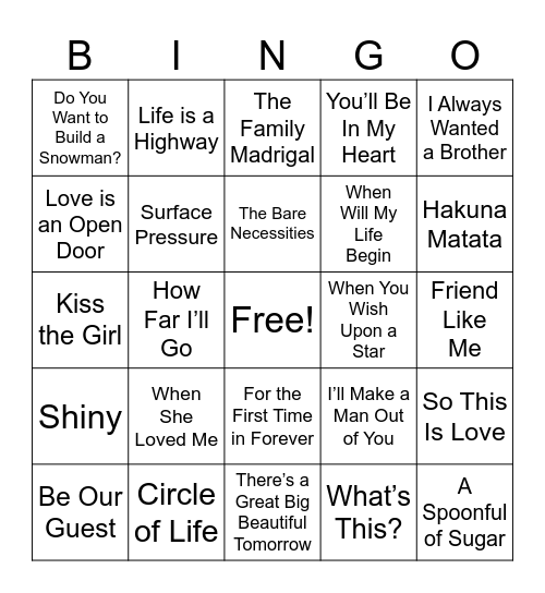 Disney Music Bingo Card