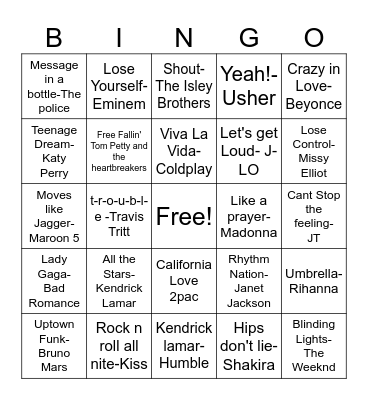 Football Halftime Music Bingo Card