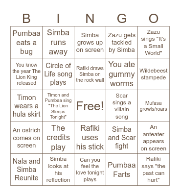 Lion King Bingo Card