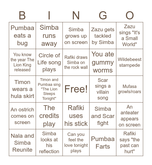 Lion King Bingo Card