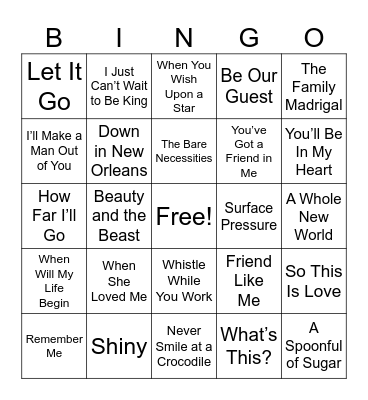 Disney Music Bingo Card