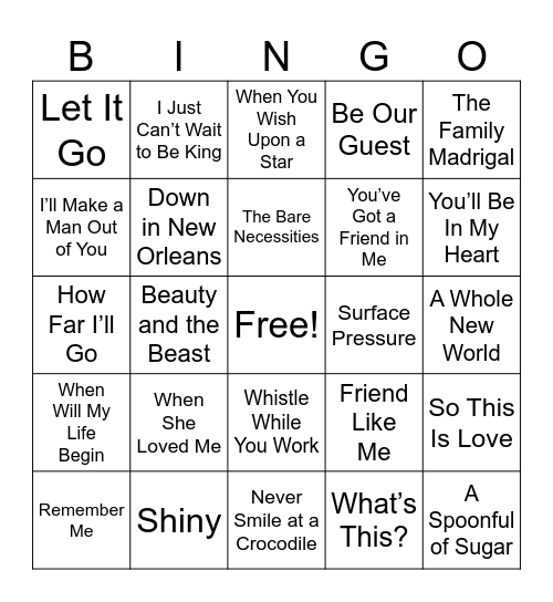 Disney Music Bingo Card