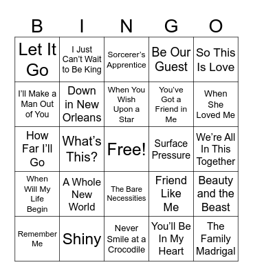 Disney Music Bingo Card