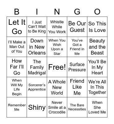 Disney Music Bingo Card