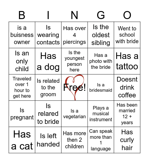 Ivys Bridal Shower Bingo Card