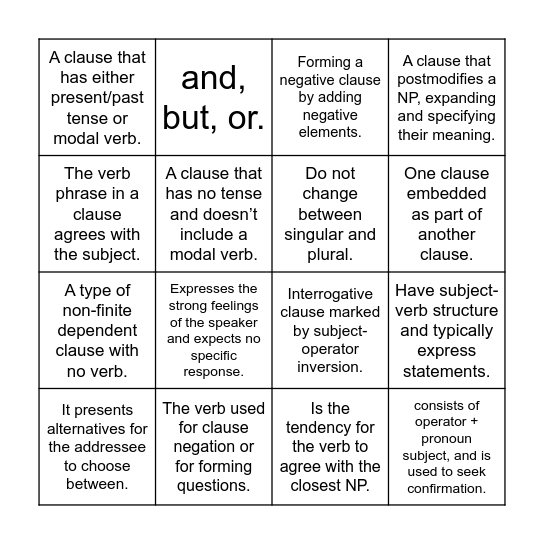 GRAMMAR Bingo Card