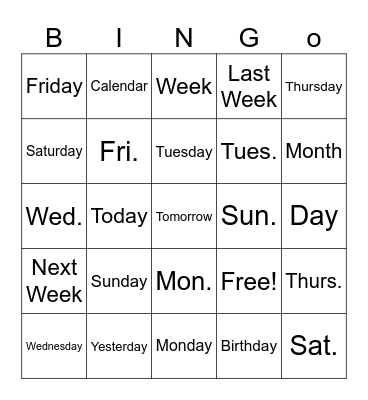 Days of the week Bingo Card