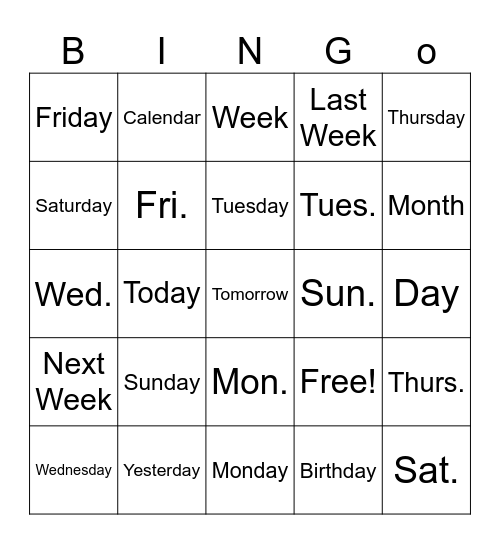 Days of the week Bingo Card