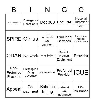 Health Coverage Terms Bingo Card
