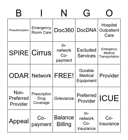 Health Coverage Terms Bingo Card