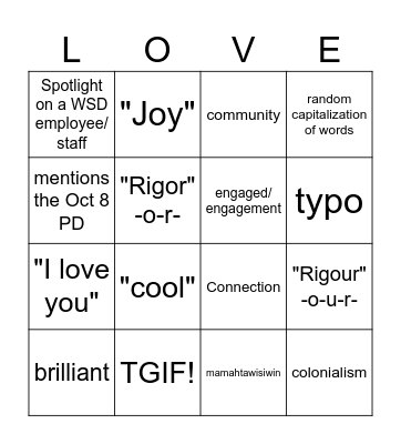 Joy ... Rigor Bingo Card