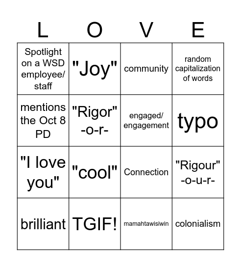 Joy ... Rigor Bingo Card