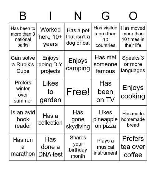 Get to Know Your Coworkers Bingo Card