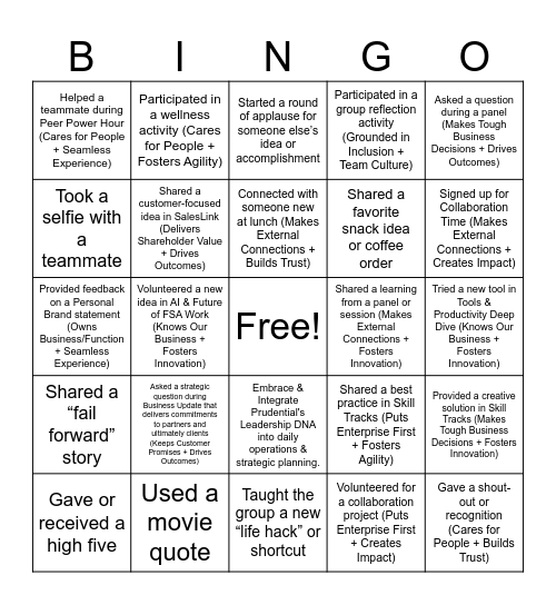 FSA Academy BINGO Card