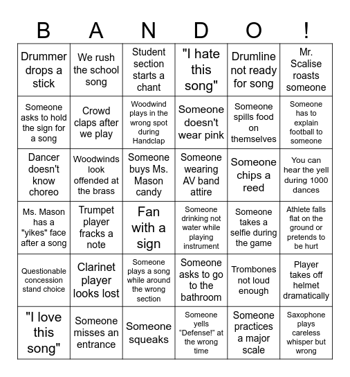 Football Athletic Band Bando Bingo Card