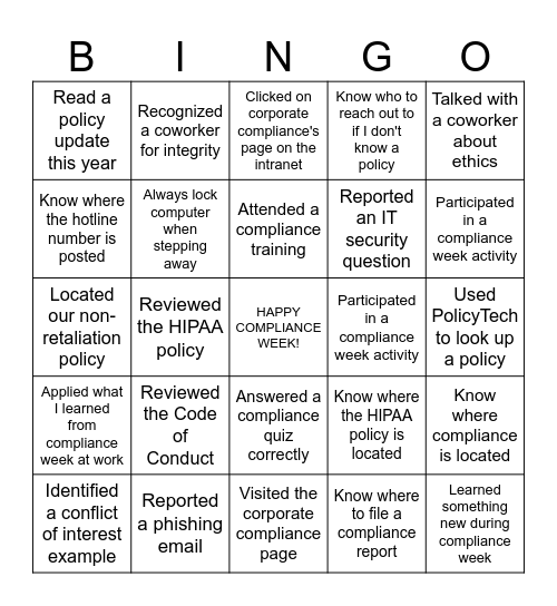Boone Health's Compliance BINGO Card