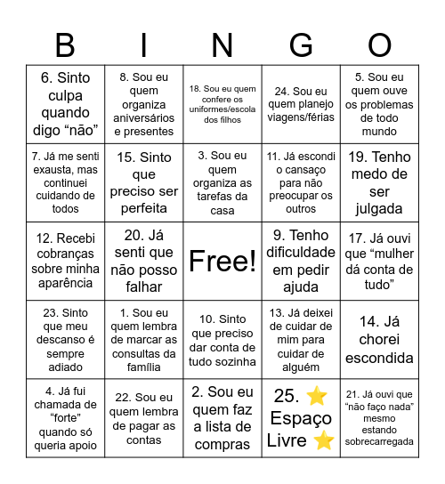 Bingo dos Fardos Invisíveis Bingo Card