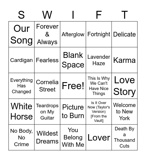 Taylor's Version Bingo Card