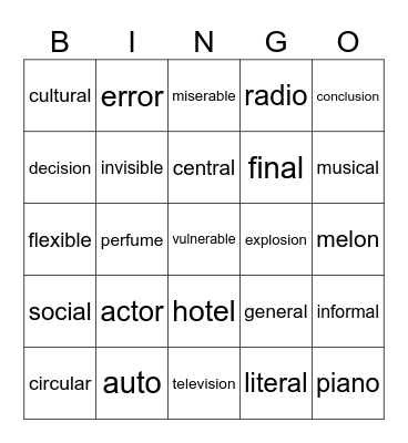 Perfect Cognates Bingo Card