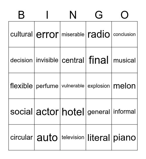 Perfect Cognates Bingo Card