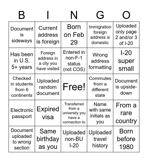 Check-In Bingo Card