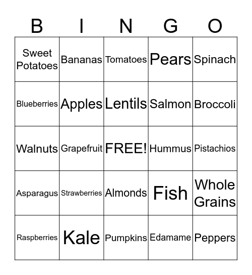 Healthy Foods Bingo Card