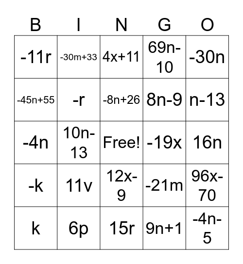 Combining Like Terms Bingo Card