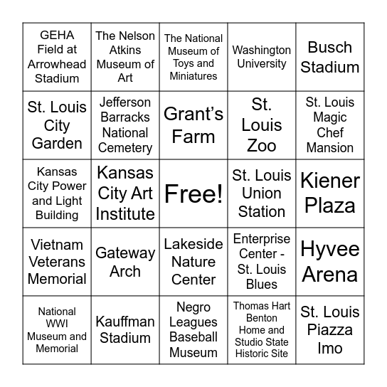 STL and KC Landmarks Bingo Card