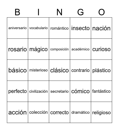 Near-Perfect Cognate Bingo Card
