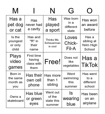First Day of School MINGO Bingo Card