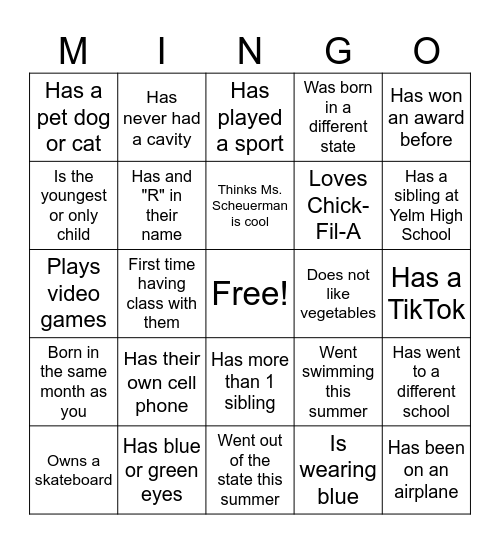 First Day of School MINGO Bingo Card