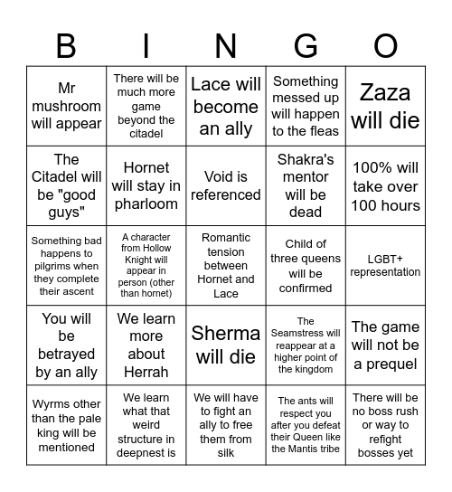 Silksong Bingo Card