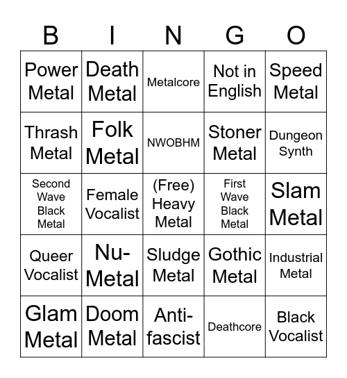 Metal Subgenre Bingo Card