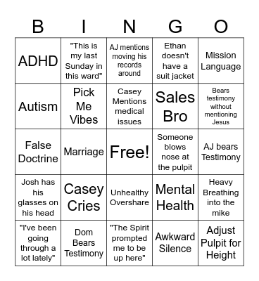 Fast and Testimony Meeting Bingo Card