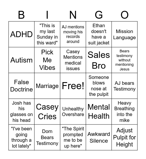 Fast and Testimony Meeting Bingo Card