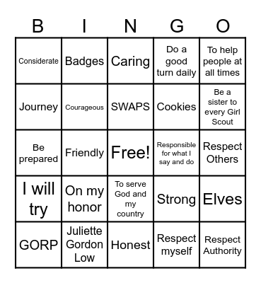 Girl Scout Law Bingo Card