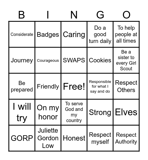 Girl Scout Law Bingo Card