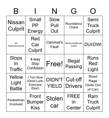 YouTube Bad Drivers Compilation Bingo Card