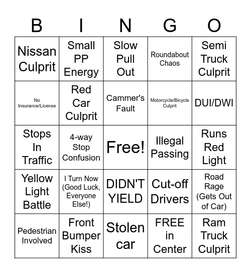 YouTube Bad Drivers Compilation Bingo Card