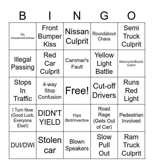 YouTube Bad Drivers Compilation Bingo Card