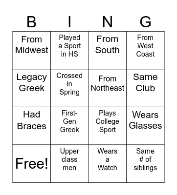 Storm the Yard Greek Mixer Bingo Card