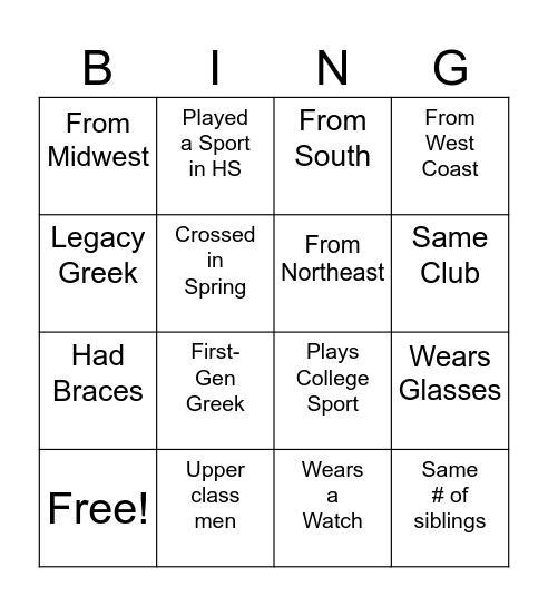 Storm the Yard Greek Mixer Bingo Card